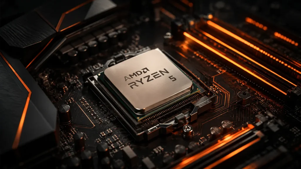 Procesador AMD Ryzen 5 sobre placa base con iluminación naranja, comparativa de los mejores Ryzen 5 para gaming en 2026