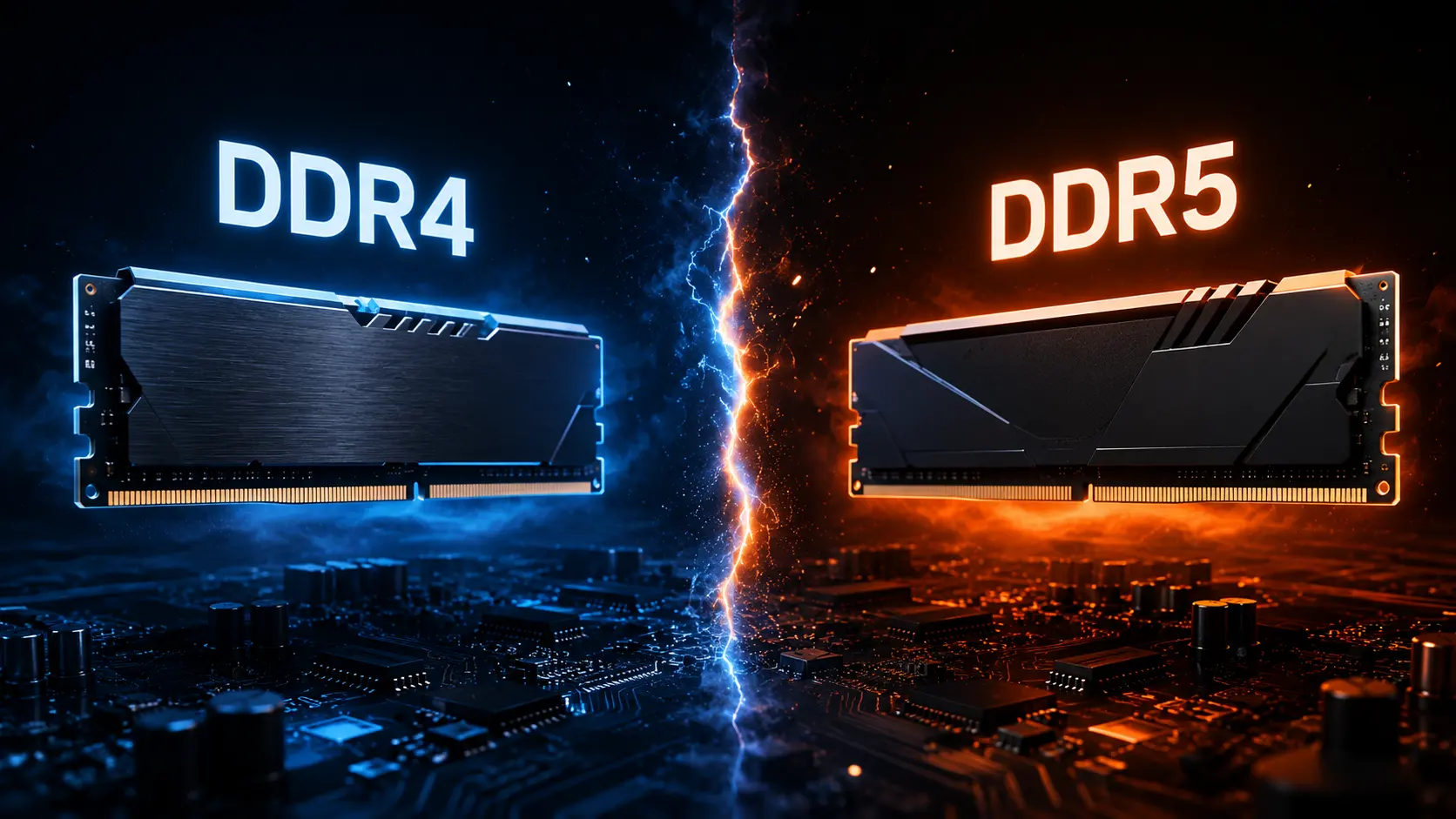 Comparativa DDR4 vs DDR5, dos módulos de memoria RAM enfrentados sobre una placa base, con un rayo de energía azul y naranja dividiendo la imagen