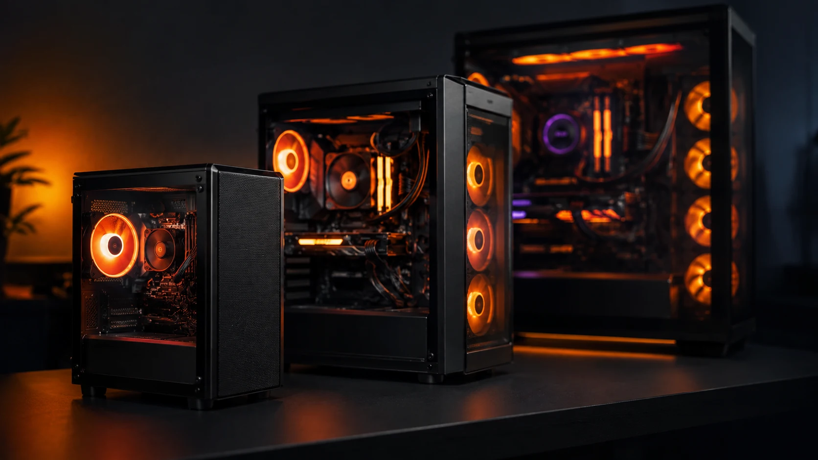Tres torres de PC gaming de distinto presupuesto con iluminación RGB naranja, comparativa calidad precio 2026