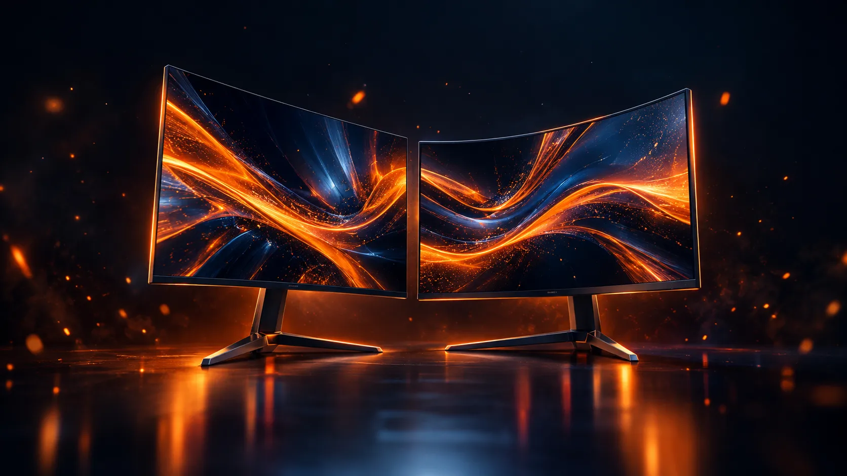 Dos monitores gaming con pantallas de luces naranjas y azules sobre fondo oscuro