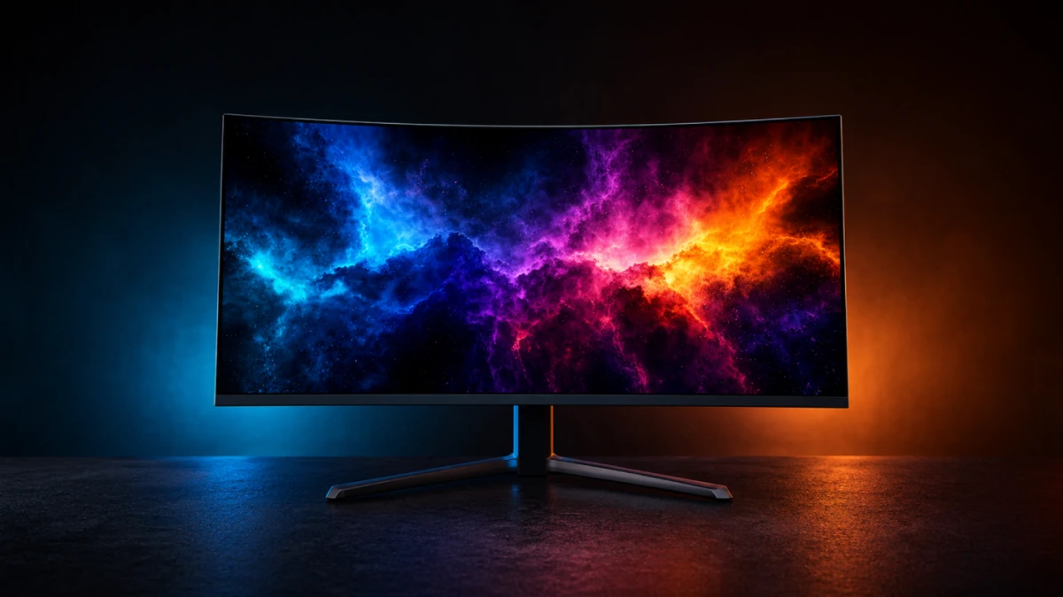 Un monitor gaming curvo moderno de pantalla muy fina y marcos estrechos, visto de frente sobre un escritorio oscuro