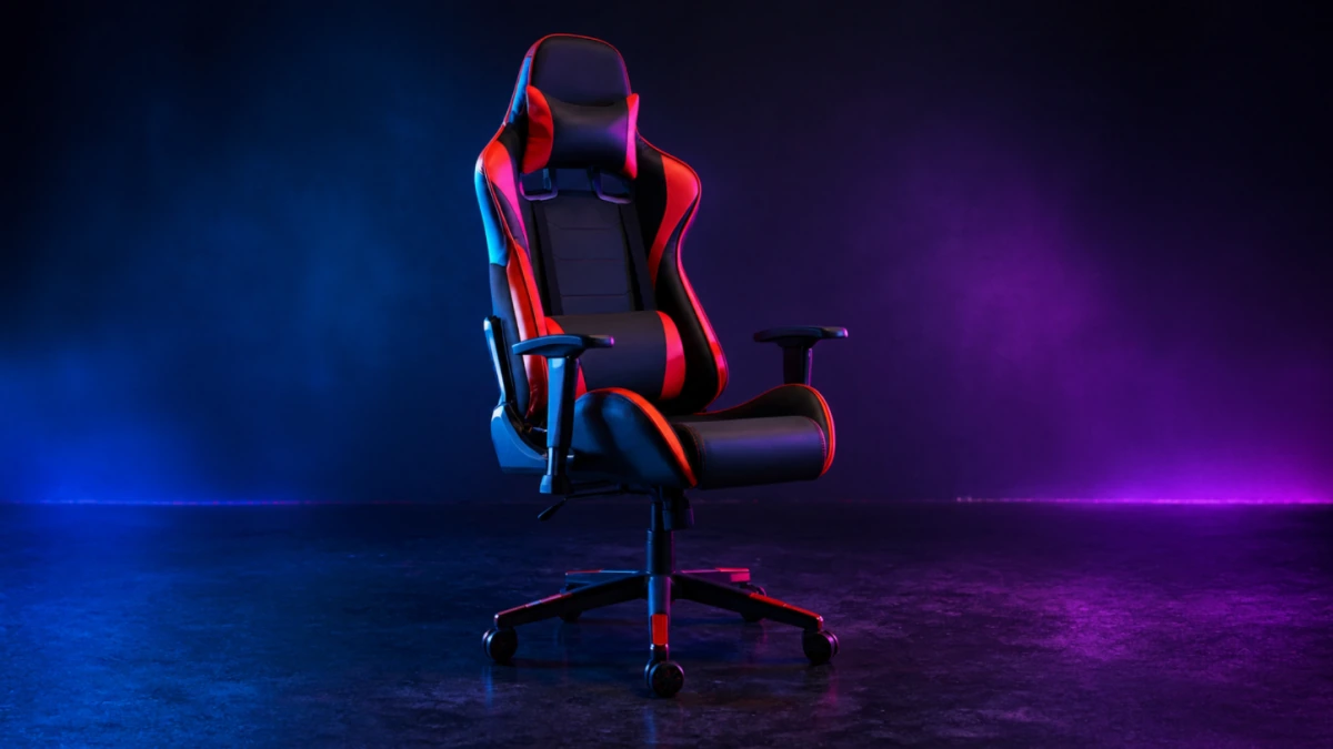 Una silla gaming moderna negra con detalles en rojo, vista en tres cuartos