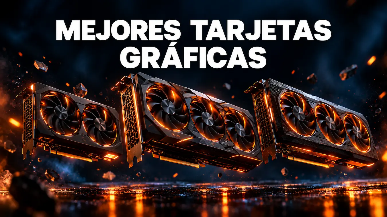 Tres tarjetas gráficas de distintos tamaños con luz naranja flotando sobre fondo oscuro