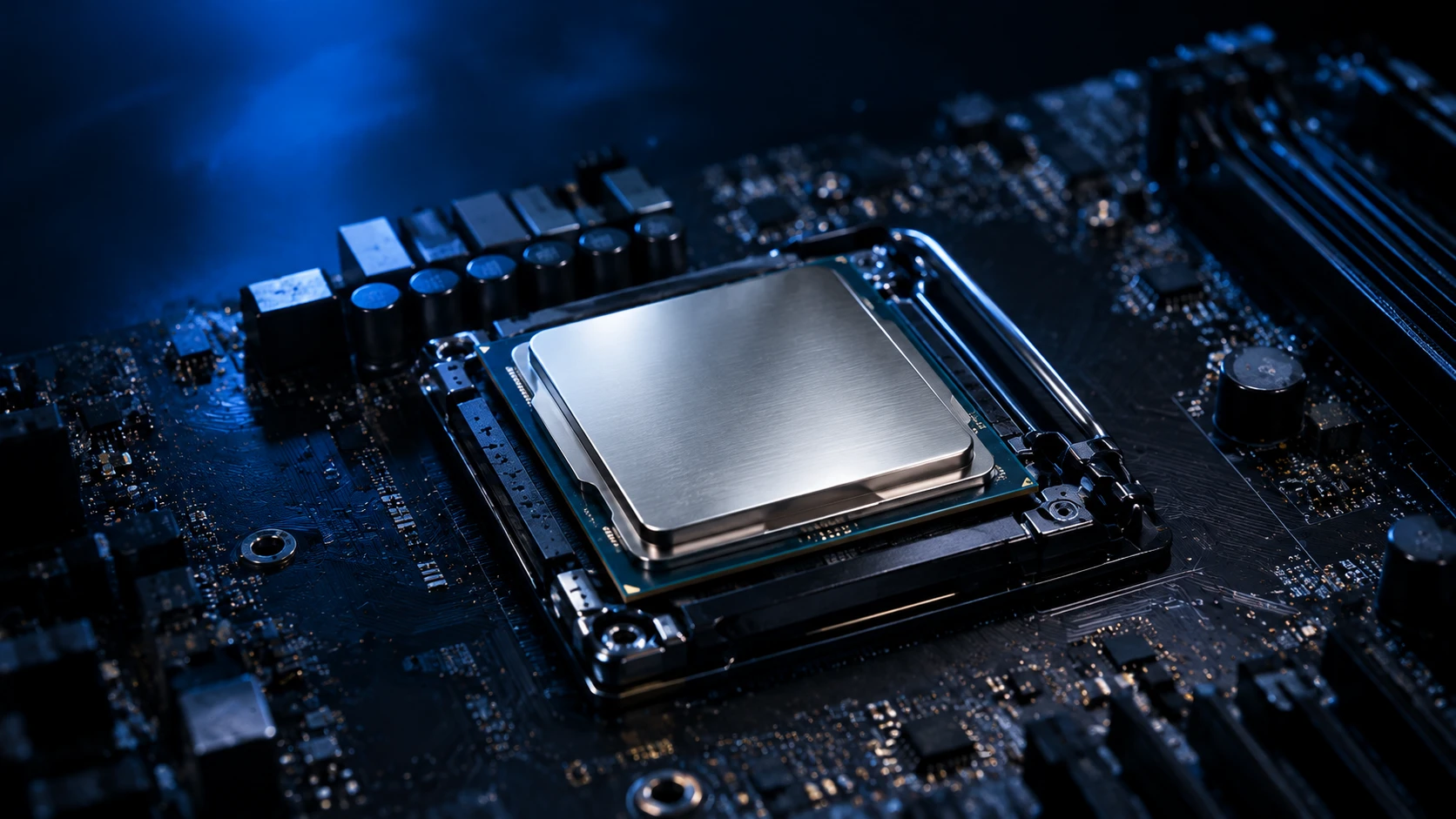 Procesador Intel de escritorio instalado en el socket de una placa base con iluminación azul