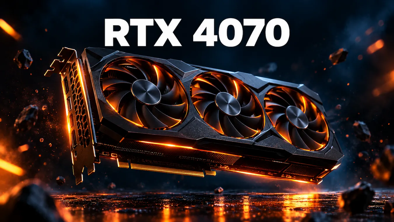 Tarjeta gráfica RTX 4070 de tres ventiladores flotando con luz naranja sobre fondo oscuro