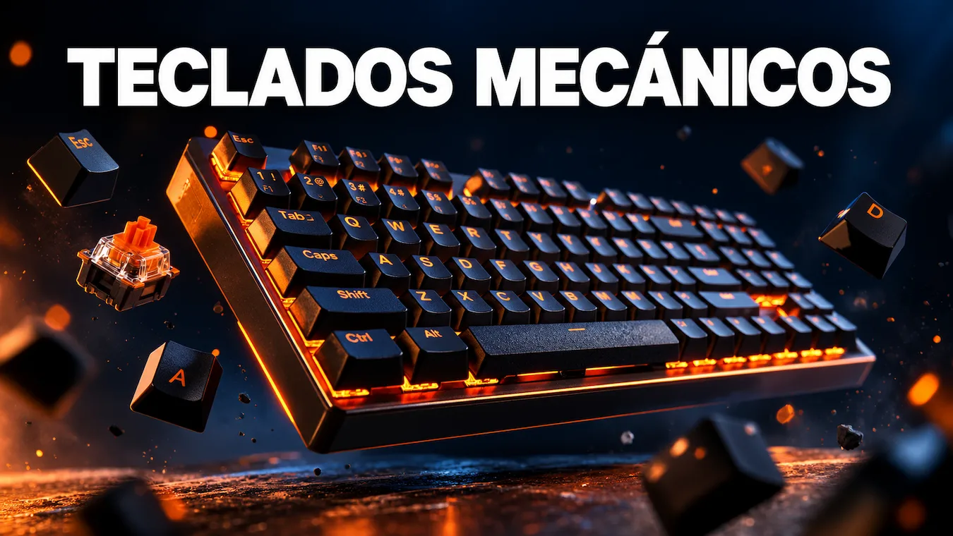Teclado mecánico gaming con retroiluminación naranja y teclas y un switch flotando sobre fondo oscuro